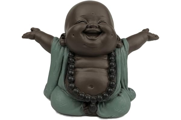 Boudha Rieur Bienvenue – Statuette Porte Bonheur - Décoration Zen et Feng Shui – pour Créer Une Ambiance Relaxante et Spirituelle – Idée Cadeau – Largeur: 6cm – Couleur : Vert et Marron – Zen’Light