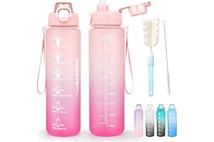 AOHAN Butelka na wodę, 1 l, szczelna sportowa butelka na wodę ze słomką i szczotką do butelek, motywacyjna butelka na napoje z oznaczeniem czasu, bez BPA, nadaje się do mycia w zmywarce, na siłownię,