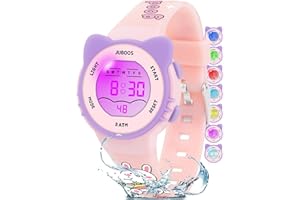 Juboos Montre Enfant avec Bracelet Imprimé et 7 Lumières Colorées,Montre Digitale Étanche pour Enfants avec Oreilles de Chat pour Garçons et Filles de 5 à 15 Ans