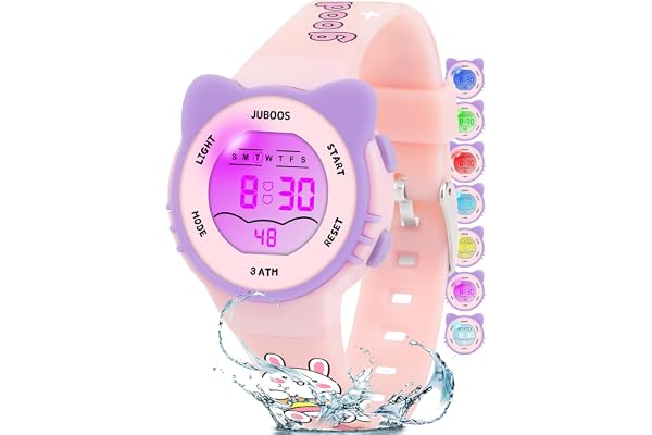 Juboos Montre Enfant avec Bracelet Imprimé et 7 Lumières Colorées,Montre Digitale Étanche pour Enfants avec Oreilles de Chat pour Garçons et Filles de 5 à 15 Ans