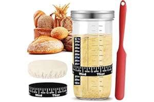 JUSJUBR Sourdough Starter Jar Kit, 25oz, 730ml Glass Round Jar, Reusable Wide Mouth Glass Sourdough Fermentation for Baking, with Silicone Scraper, Cloth Cover, Thermometer Band