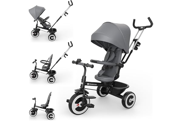 Kinderkraft Aston 2 Pro Tricycle Poussette, Assise pivotante 360° Click & Twist, Position Semi-allongée Face et Dos à la Route, pédales Libres, Capote avec fenêtre, Gris