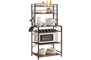 YMYNY Kitchen Baker's Rack, Microwave Oven Stand with Storage Shelves, Industrial Coffee Bar Station, with Adjustable Wine Holders and 12 S-Hooks, Metal Frame, Rustic Brown, 58 × 39 × 144CM HBR003H