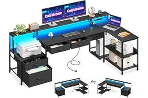 Coleshome L-Shaped Gaming Biurko With Power Socket, LED and Monitor Stand, 195 x 100 cm, Reversible Corner Storage Desk With Computer Workspace