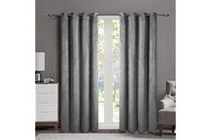 Singinglory Velvet Curtains Pencil Pleat Blackout Curtains 2 Panels with 2 Tiebacks Thermal Eyelet Curtain for Bedroom & Living Room Grey 66"x90"