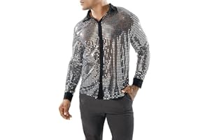 DUOHROPKE Camisa de lentejuelas para hombre con purpurina, camisa de manga larga de los años 70, camisa para hombre, camiseta de discoteca, fiesta, disfraz para hombre, brillante, ajustada, de satén, camisa de