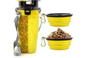 MATT SAGA 800ML Hund Trinkflasche und Futterflasche 2-in-1 mit 2 Faltbar Hunde Reisenapf Tragbare Hundewasserschüsseln zum Gehen, Wandern & Reisen(Gelb)