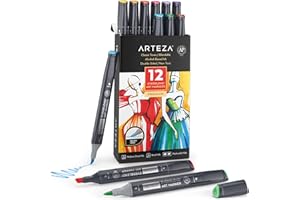 ARTEZA EverBlend - Pennarelli ultra alcolici [set di 12 colori, toni classici], scalpello medio e punta del pennello, forniture artistiche per disegno e schizzi