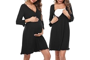 Bresdk Camicia da Notte Allattamento Cotone Morbidissimo Camicie da Notte Premaman con Volant Maniche a 3/4 Pigiama Parto Ospedale