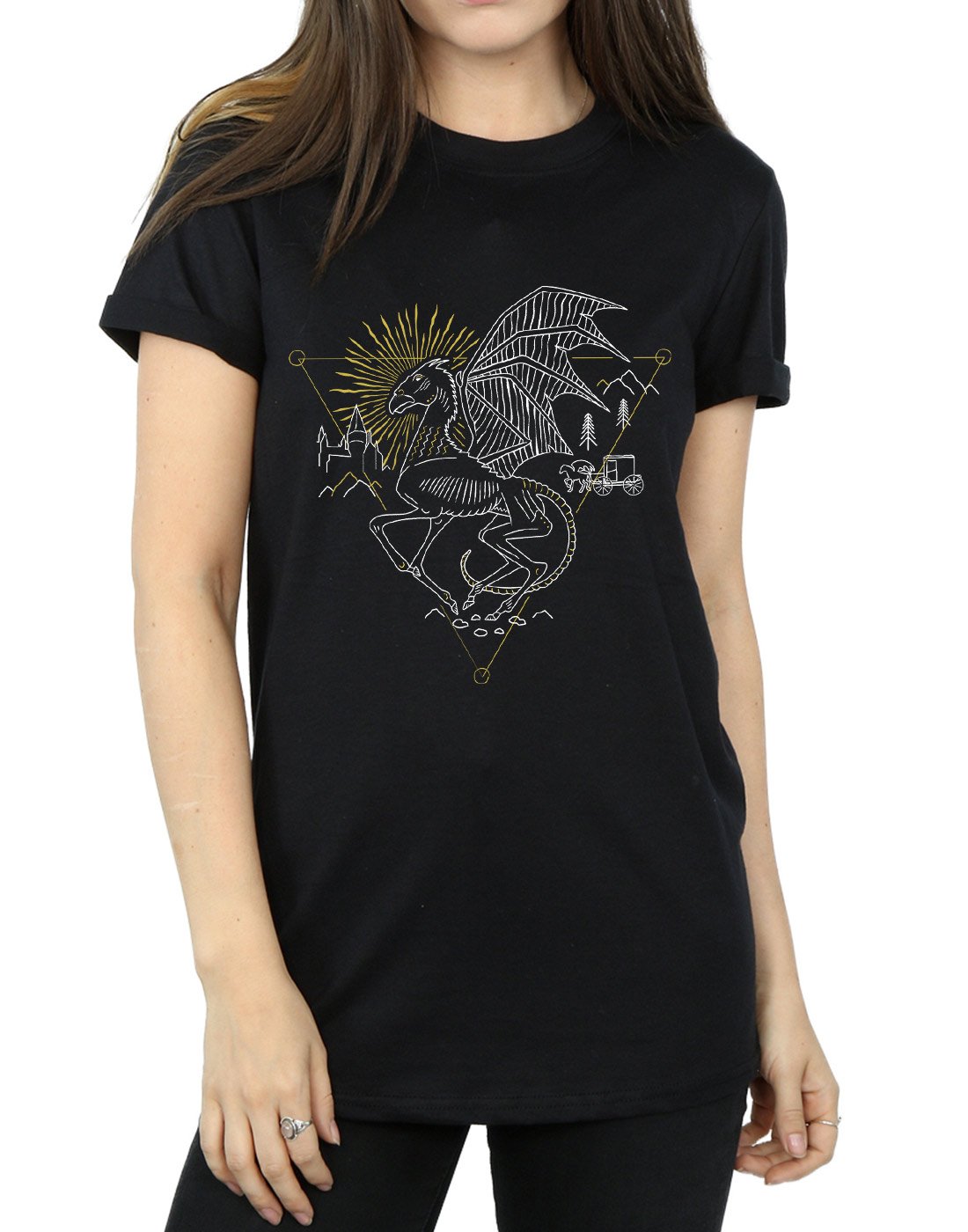 Harry-Potter-Damen-Thestral-Line-Art-Boyfriend-Fit-T-Shirt-Schwarz-Medium