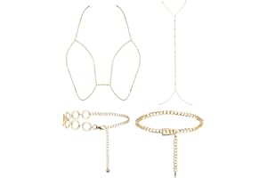 JeweBella 4 Pezzi Catena Cintura Catena Corpo Argento/Oro per Donne Ragazze Strass Bling Catena del Corpo del Bikini Sexy Catena Vita Regolabile Catena Ventre Gioielli Corpo