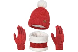 outfit spring Cappello a Maglia Bambini, Inverno Berretto Sciarpa Guanti Set, Morbida Beanie Lavorato con Pompom Soffice Caldo Scaldacollo Guanto Fodera in Pile 3 Pezzi per Ragazzi Ragazze 5-8 Anni