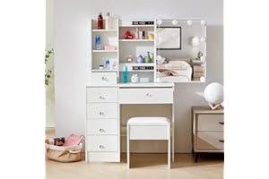 LIANWANG Schminktisch mit LED Beleuchtung, 3 Farbtemperaturen und Einstellbarer Helligkeit, Frisiertisch mit Spiegel für Make up, 1 Hocker, 6 Schubladen, Weiß, 131x80x36 cm
