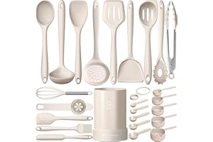 TERLULU Juego de utensilios de cocina de silicona, 25 piezas, utensilios de cocina, resistentes al calor, juego con soporte para utensilios, saludable y antiadherente, apto para lavavajillas, color caqui