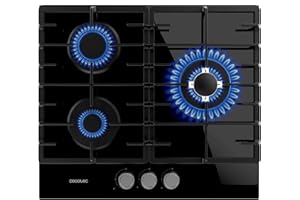 Cecotec Placa de Gas Butano y Natural 3 Fuegos Bolero Squad G 3200F Glass Black. 6250W, Cristal Negro, Parrillas Completas Hierro Fundido, WOK Triple Corona, Encendido Eléctrico, Sistema de Seguridad