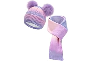 SERENYOU Winter Beanie Hat Scarf Set for Kids Boys Girls Double Pom Pom Hat with Knitted Scarf 2 in 1 Warm Set 3-10 Years