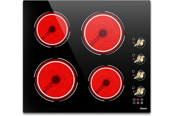 Plaque Vitrocéramique 4 feux 60cm 6000W, Disaenvir, encastrable 220V, autonome, pause, 9 niveaux, boutons, minuterie, verrouillage enfant