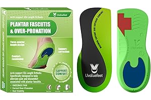 UVALUEFEET 3/4 Length Orthotic Insoles for Plantar Fasciitis, Flat Feet, Overpronation, Achilles Tendonitis,Dual-Cushioning Pads Design for Heel Pain Relief,Medium High Arch Support Insoles for Women & Men-M
