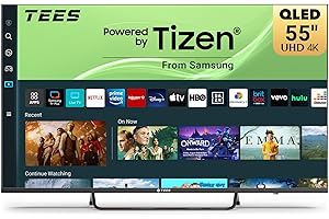 Tees 55 inch 4K QLED Smart TV, MEMC HDR10 Tizen OS UHD Central Stand Design Television with Apple TV+ BBC Netflix Freeview Display Plus Gaming Hub, Ideal Large Screen for Living Room, Made in the UK