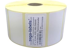 ZEGA-LABELS Thermotransfer Etiketten auf Rolle - 57 x 32 mm - 2.100 Stück je Rolle - Kern: 25 mm - aussen gewickelt - WIEDER ABLÖSBAR - Druckverfahren: Thermotransfer (Drucken mit Farbband)