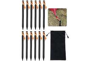 Tent Pegs 12 PCS, RSVOM Lightweight Metal Heavy Duty Camping Tent Peg with Reflective Rope, 18cm Black Aluminum Alloy Tent Stakes Ground Pegs Nails for Garden Awning Hiking Netting Tarp