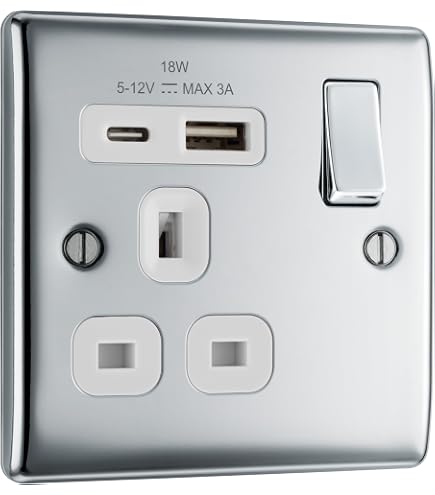BG Electrical Double USB Power Socket - 2 Switched Sockets + Type A & C Super Fast Charge Ports, Polished Chrome-1006839