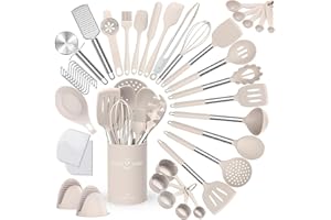 Terlulu Set di utensili da cucina, 34 pezzi, in silicone, resistenti al calore, con porta utensili, set di utensili da cucina antiaderente con manico in acciaio inox