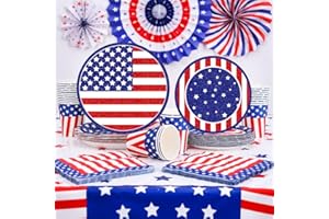 BDECOLL Service de vaisselle pour 16 invités - Drapeau américain pour le 4 juillet - Décoration patriotique pour anniversaire, barbecue américain fête de l'indépendance,idéales pour patriotique du 4 juillet