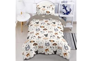 Highdi Toddler Bedding Set, White Animal Cot Bed Duvet Cover Set with 1 Pillow Case, Animal Cat Dog Print Kids Duvet Cover Reversible 2 Side Bedding Set-120 x 150cm
