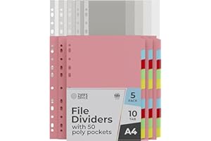 Ziffs Office® 5 Pack A4 File Dividers - 10 Part & 50 Poly Pockets - 180 GSM - Folder Dividers With 50 Pockets