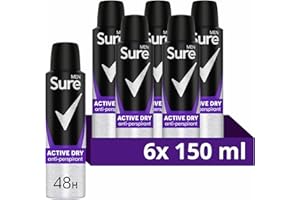 Sure Men Active Dry Anti-Perspirant Aerosol Men's Deodorant Spray with MotionSense technology for 48 hour protection against sweat and odour 6x 150 ml