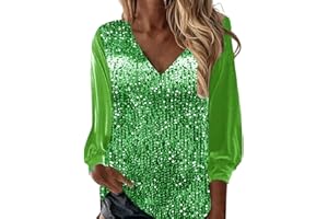 Buetory Sequin Tops for Women Sparkly Long Sleeve Casual Dressy V Neck Holiday Evening Party Shiny Dressy Sparkly Glitter Shirts
