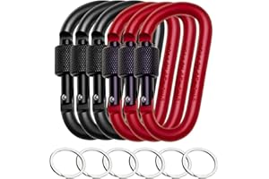 COKEESUN 6Pcs D-Ring Locking Carabiner Clips, 3 inch Aluminum Alloy Carabiner Clip Heavy Duty, Keychain Clips Hook with 6 Key Rings for Camping, Hiking, Fishing, Traveling, Keychain