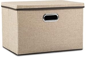 PRANDOM Aufbewahrungsbox mit Deckel Groß,Faltbarer Leinen Stoff Aufbewahrungsboxen, Aufbewahrungskorb mit Griff,Dekorative Stapelboxen,Organizer Container,Khaki[1-stück] 43x30x30cm