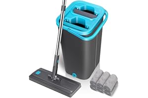 MASTERTOP Mocio Piatto e Secchio Strizzatore, Mocio Rotante a 360° e Secchio Autolavaggio, Mop Lavapavimenti a Mani Libere in Microfibra, con 6 Tamponi Riutilizzabili (Grigio scuro)