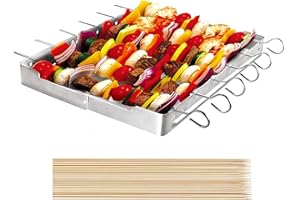 Unicook Barbecue Skewers and Rack Set, 6 Pack Stainless Steel 50 Pcs Bamboo Kebab Skewers with Foldable Shish Kebab Rack, Keeps Kebabs from Sticking to The Grilling Grate