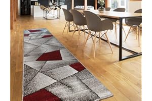 ‎OKU-TEX oKu-Tex Teppich Webteppich für Wohnzimmer, Flur, Schlafzimmer Teppichläufer, Brücke Rot Modern geometrisches Design Öko-Tex 100 Größe 80 x 250 cm 30161rot080250