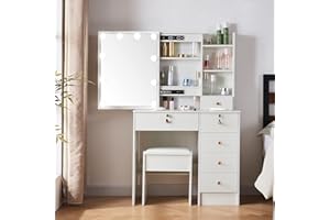 LIANWANG Toaletka z oświetleniem LED, 3 temperatury barwowe i regulacja jasności, toaletka z lustrem do makijażu, 6 szuflad, 1 taboret, 131 x 80 x 36 cm, biała