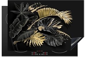 KitchenYeah© Protection Plaque Induction 78x52 cm Protege Deco Cuisine Cache Protège De Cuisson Accessoires Feuilles - Or - Noir