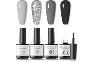 RSTYLE Smalto Semipermanente, 4 Colori Semipermanenti per Unghie Gel Grigio Glitter UV LED Nail Polish Manicure 6ML