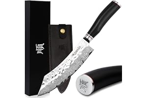 YOUSUNLONG Couteaux de boucher 20,3cm Couteaux de rupture - japonais en acier martelé damas - Manche en bois de plomb naturel avec gaine en cuir