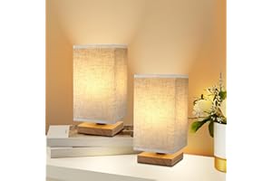 YIFEID Table Lamp, 2 Pack Small Bedside Lamp Minimalist Lamps with Rectangle Fabric Shade Natural Wooden Base, Classic On/Off Switch and Warm Light LED Bulb, For Bedroom, Kids Room, Living Room, Dorm, Office