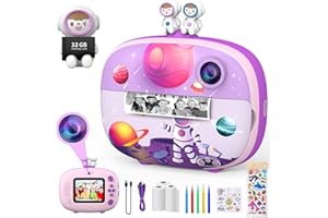 CHAKEYAKE Macchina Fotografica Bambini Istantanea,2,4 Pollici Digitale Fotocamera Bambini con 32GB TF Scheda e Carta Fotografica per Stampa, Regalo per Bambini dai 3-12 Anni (Pianeta Viola)