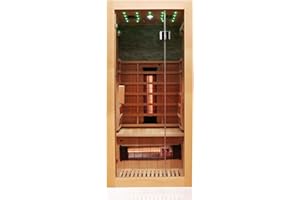 Dewello® Infrarotkabine Infrarotsauna MILTON 90x90 für 1 Personen aus Hemlock Holz mit Vollspektrumstrahler, LED-Farblicht Sternenhimmel und Steinwand, Bluetooth, FM,MP3,USB