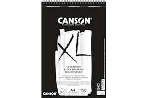 CANSON XL svart ritning 150 gsm A4-papper, dubbelsidig: Kornig och slät, spiraldyna kort sida, 40 svarta ark, perfekt för pro