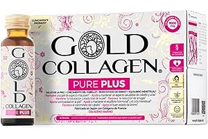 GOLD COLLAGEN New Pure Plus - Complemento con 8g Colágeno Marino Hidrolizado, Biotina para el Cabello Piel y Uñas Equilibrio Hormonal e Inmunitario con Vitamina C Ácido Hialurónico, 10 Botellitas 50ml