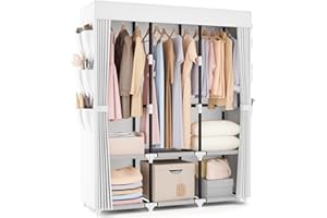 Vicye Armadio in Tessuto, Wardrobe Armadio Grande 19mm tubo metallico con 3 Barre Appendiabiti e 6 Tasche Laterali, Armadio da Campeggio Pieghevole per Camera da Letto e Spogliatoio Bianco