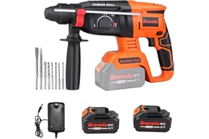 Bravolu Martello Perforatore a Batteria Senza Spazzole, Trapano a Percussione 21 V 1-in SDS Plus con Batteria e Caricabatterie da 2 * 4.0Ah,4 Modalità e Velocità Variabile, 6 Trapani e 2 Scalpelli