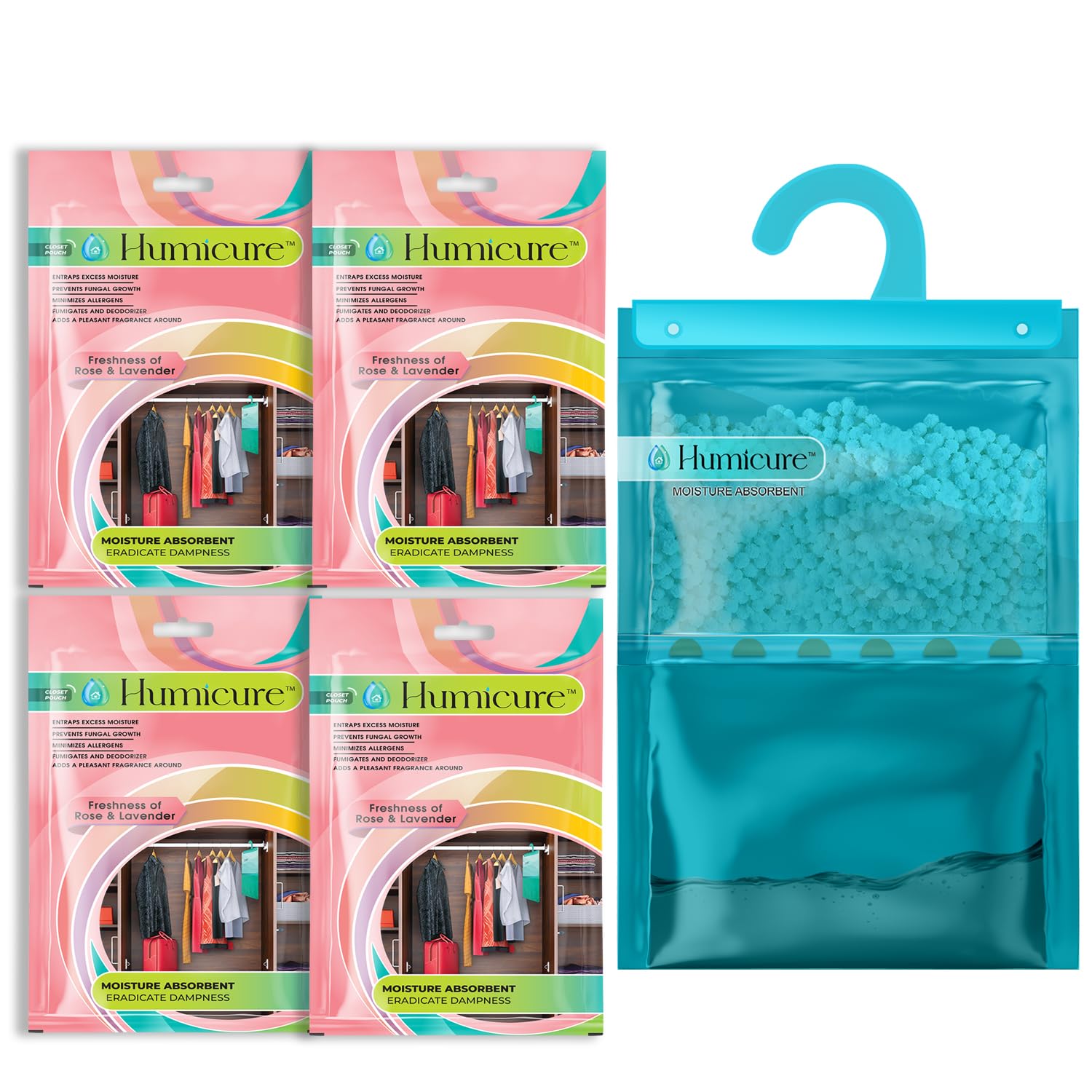Humicure Moisture Absorber Dehumidifier with 1 Litre Absorption Capacity; Prevents Wardrobe, Bathroom, Kitchen and Bedroom from Mould & Fungus (Pack of 4, 400gram each, Rose & Lavender)