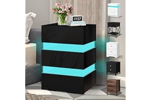 ELFORDSON LED Bedside Table with 3 Drawers, 4-side High Gloss, 16 RGB LED Colours, Tall Bedside Cabinet Nightstand with Plug, Remote Control, Sofa Side Table for Bedroom Living Room, Black